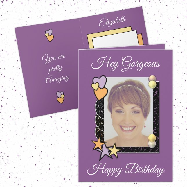 Hey gorgeous hearts stars photo purple birthday card (Creator Uploaded)