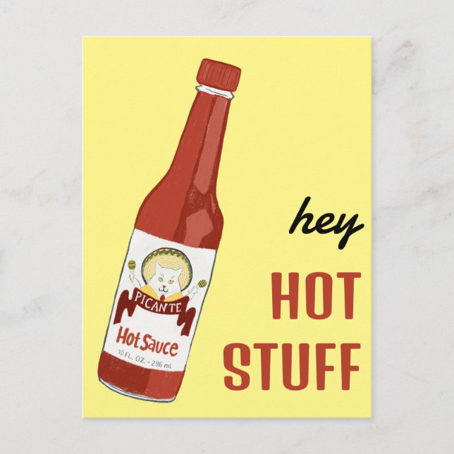 HEY HOT STUFF Spicy Hot Sauce Cat Maracas Love Postcard (Front)