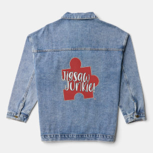 Hey Jigsaw Junkie Puzzle Hobby Logo Fun Art Denim Jacket