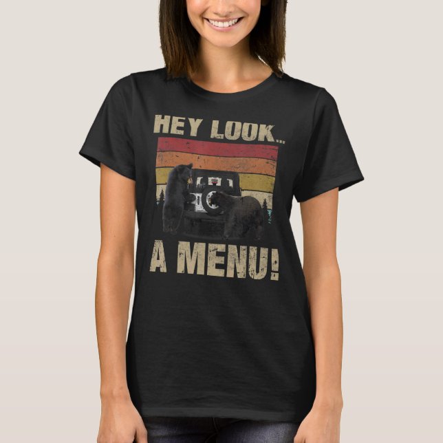 Hey Look A Menu Retro Bear Camping T-Shirt (Front)