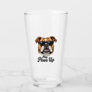 Hey Paws Up Vintage Bulldog with Sunglasses Funny  Glass