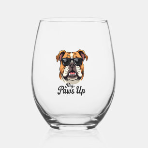 Hey Paws Up Vintage Bulldog with Sunglasses Funny Stemless Wine Glass