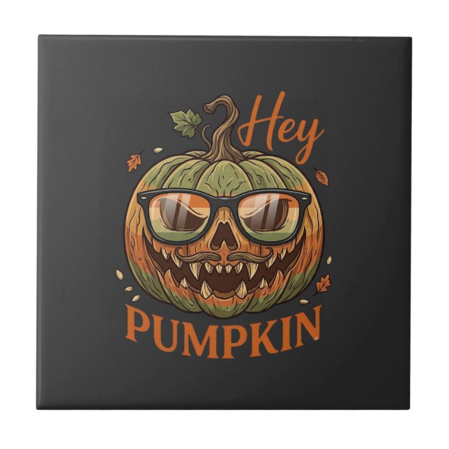 Hey Pumpkin Halloween Jack Lantern Glasses Mustach Ceramic Tile (Front)