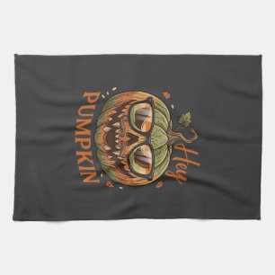 Hey Pumpkin Halloween Jack Lantern Glasses Mustach Tea Towel