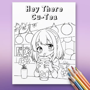 Hey There Cu-tea Boba Anime   Adult Colouring Page