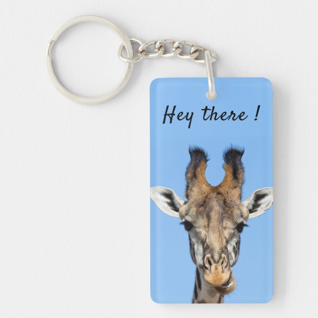 Hey there funny Giraffe photo with text Key Ring (Front)