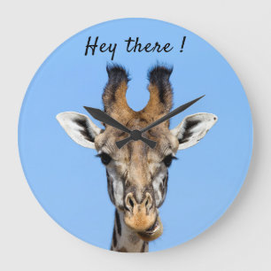 Hey there funny Giraffe photo with text Large Clock