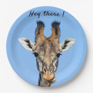 Hey there funny Giraffe photo with text Paper Plate