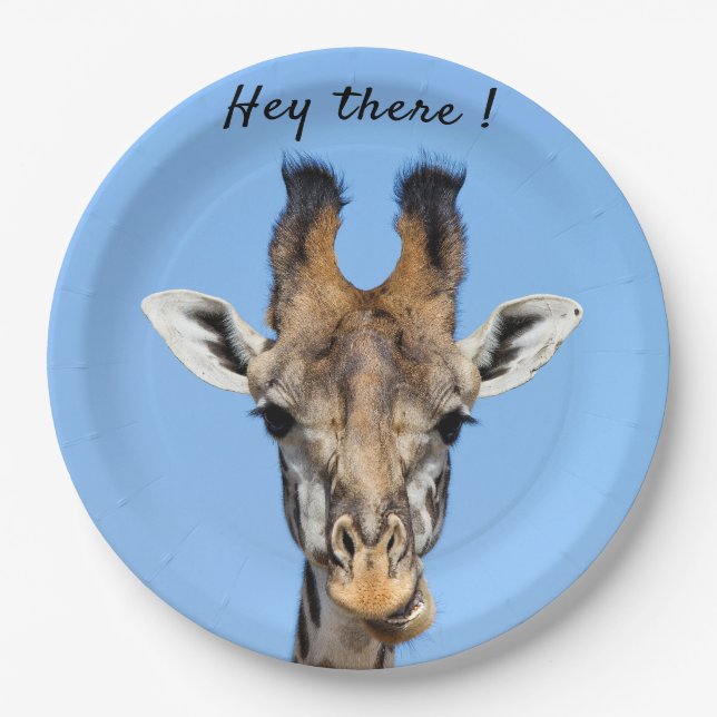 Hey there funny Giraffe photo with text Paper Plate (Front)