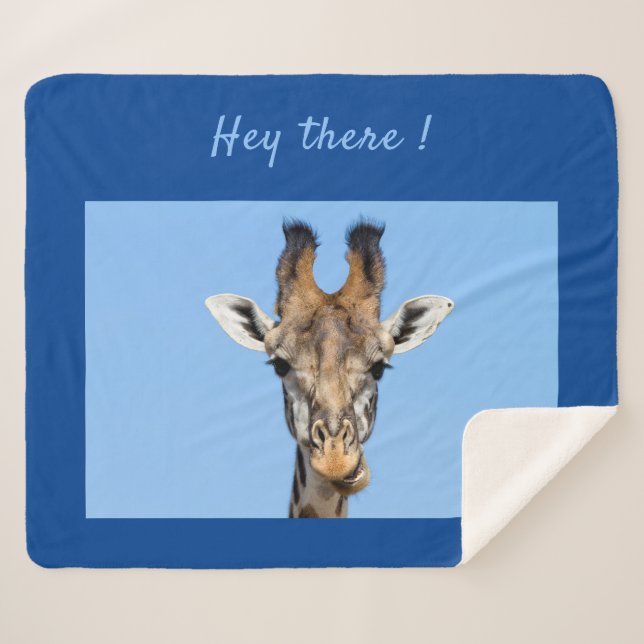 Hey there funny Giraffe photo with text Sherpa Blanket (Front (Horizontal))