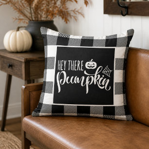 Hey There Pumpkin Black Buffalo Plaid Halloween Cushion