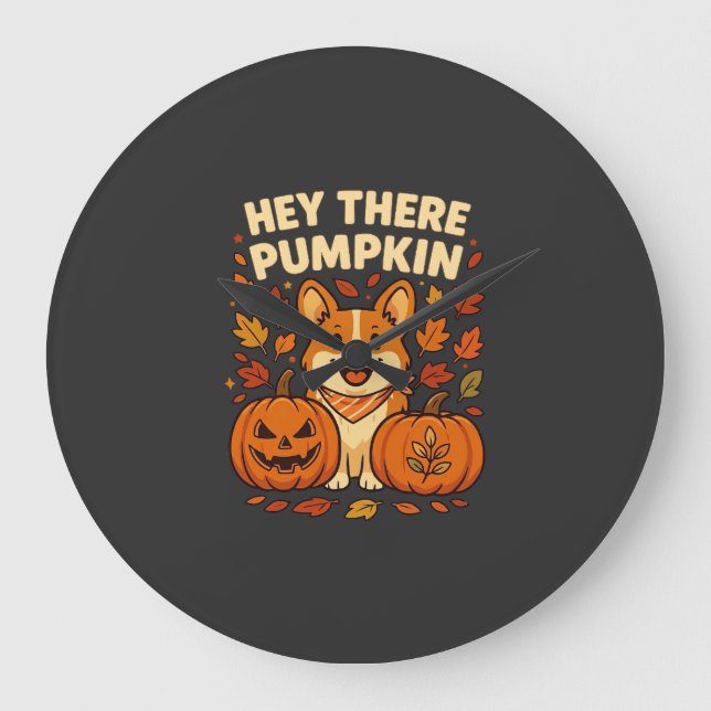 Hey There Pumpkin Corgi Halloween Pumpkins Autumn  Large Clock (Front)