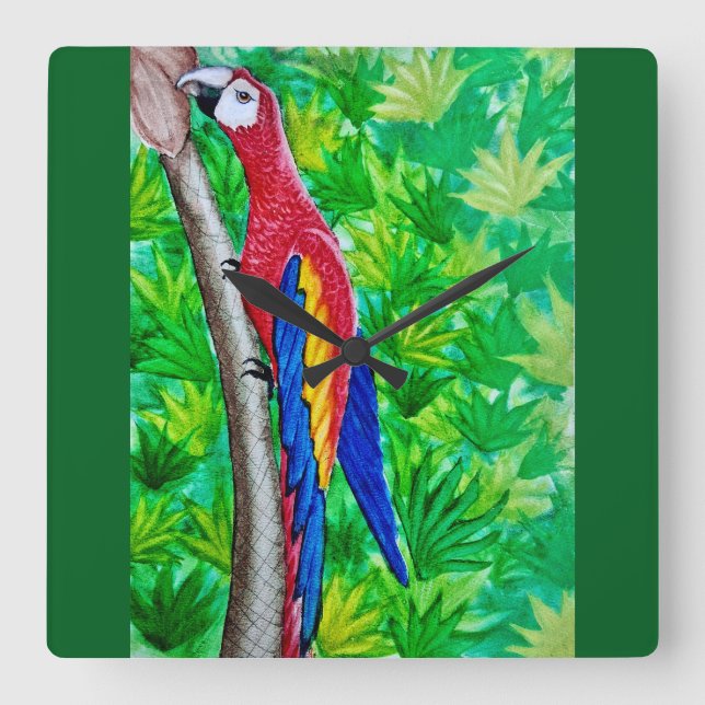 Hey, There’s a Scarlet Macaw in That Tree!  Square Wall Clock (Front)