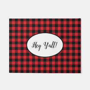 Hey Y’all Red Buffalo Check Plaid Doormat