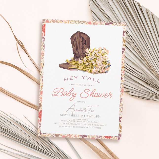 Hey Y'all Cowboy Boot & Bouquet Girl Baby Shower Invitation (Hey Y'all Cowboy Boot & Bouquet Cowgirl Baby Shower Collection)