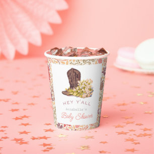 Hey Y'all Cowboy Boot & Bouquet Girl Baby Shower Paper Cups