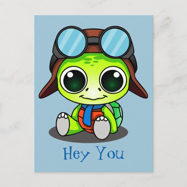 Hey You Cute Cartoon Turtle in Aviator Hat Postcard (Front)