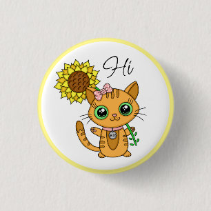 Hi and Hugs Cute Cat with Sunflower 3 Cm Round Badge