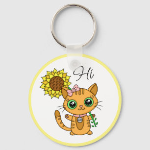 Hi and Hugs   Cute Cat with Sunflower Key Ring