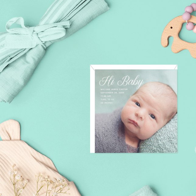 Hi Baby Photo Chic White Script Birth Announcement (Creator Uploaded)