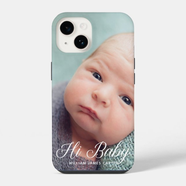 Hi Baby Photo Chic White Script Custom Newborn iPhone Case (Back)