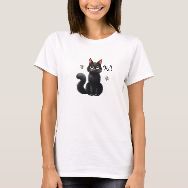 Hi Cute Black Cat T-Shirt (Front)