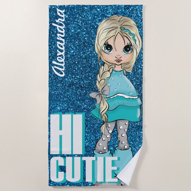 Hi Cutie Girl Personalised with Glitter background Beach Towel (Front)
