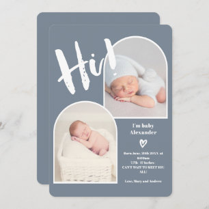 Hi dusty blue script heart 2 photo arch baby birth announcement