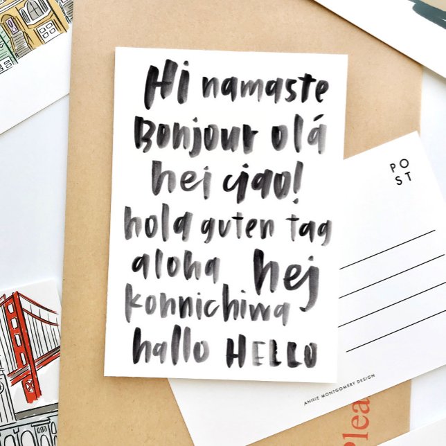 Hi Hello Multilingual World International Language Postcard (Black and white watercolor lettering language travel postcard.)