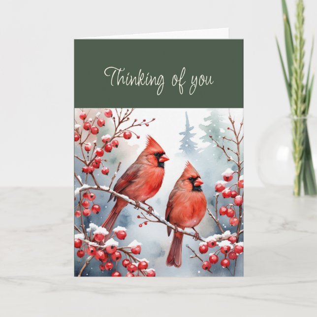 Hi Hello Thinking of You Red Bird Cardinals Snow Card (Front)