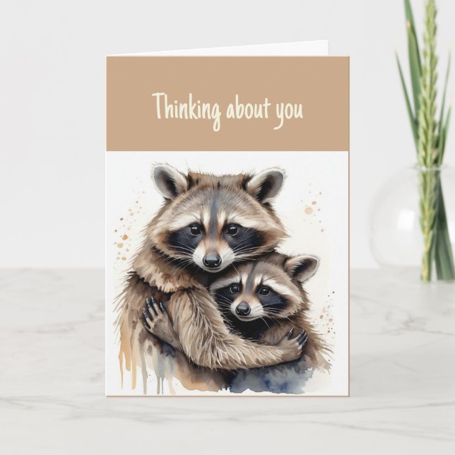 Hi Hello Thinking of You Two Racoon Couple Hugs Card (Front)