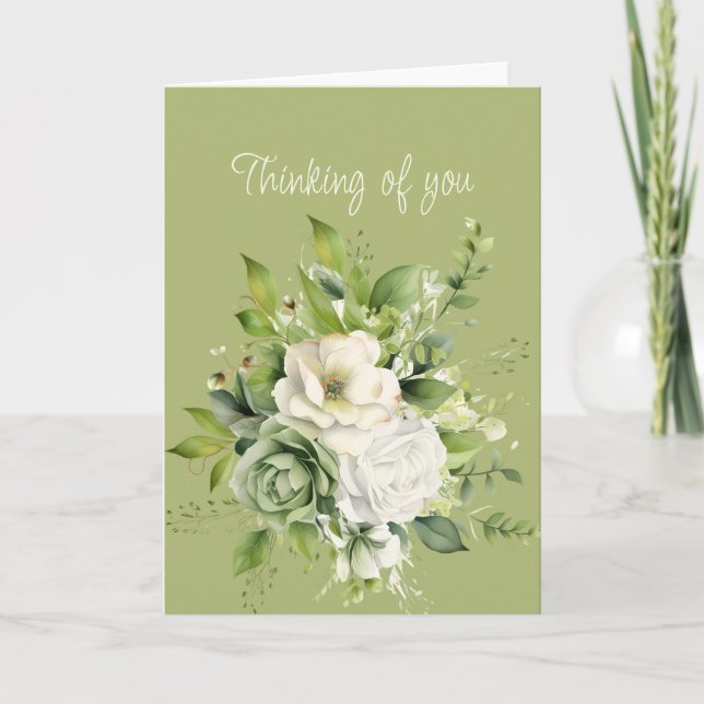 Hi Hello Thinking of You White Roses Greenery  Card (Front)