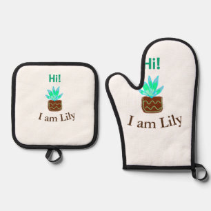 Hi I am Lily cactus succulent add name watercolor Oven Mitt & Pot Holder Set