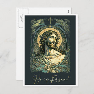Hi is Risen! Art Nouveau Jesus Painting Easter Holiday Postcard