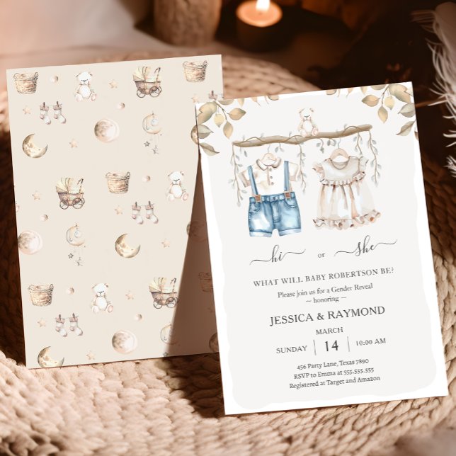 Hi or She Muted Boho Gender Reveal Baby Shower Invitation (Creator Uploaded)