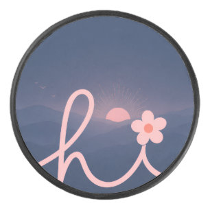 "hi" Script Mountain Sunset Design Hockey Puck