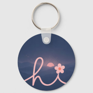"hi" Script Mountain Sunset Design Key Ring