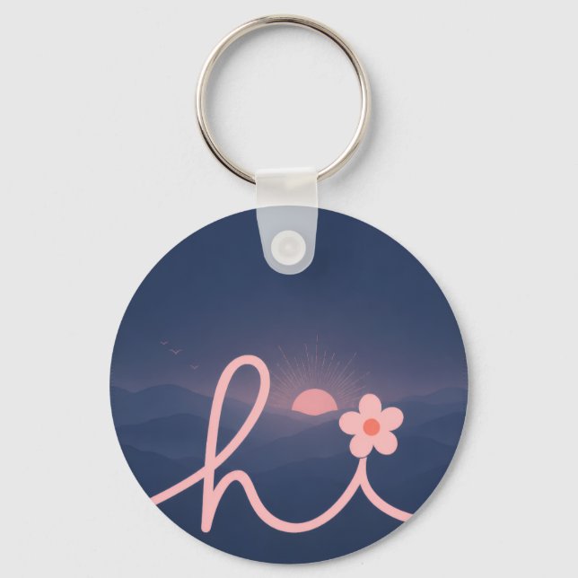 "hi" Script Mountain Sunset Design Key Ring (Front)