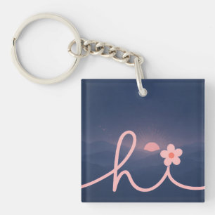 "hi" Script Mountain Sunset Design Key Ring