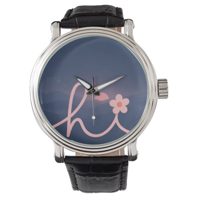 "hi" Script Mountain Sunset Design Watch (Front)