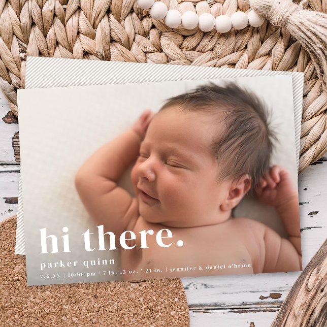 Hi There Modern Type Blue Photo Birth Announcement (Creator Uploaded)
