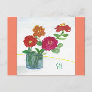 Hi! thinking of you painted flowers in a vase postcard