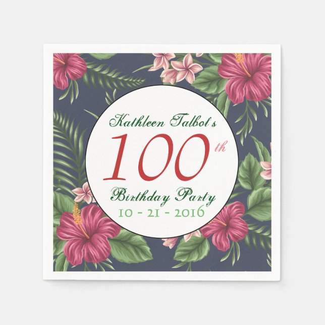 Hibiscus 100th Birthday Party Paper Napkin (Front)