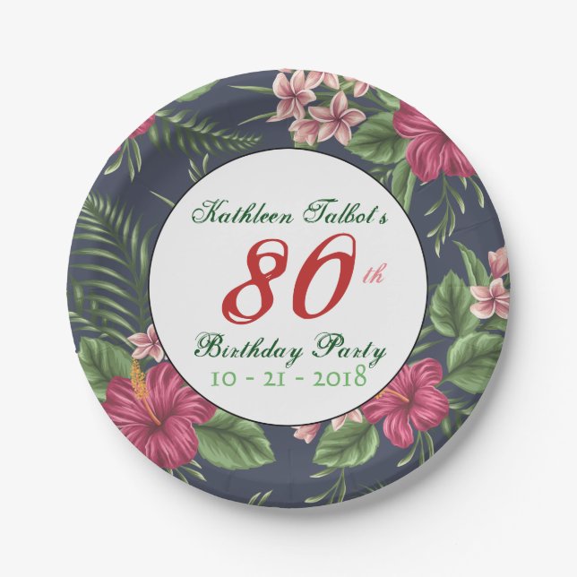 Hibiscus 80th Birthday Party Paper Plate (Front)