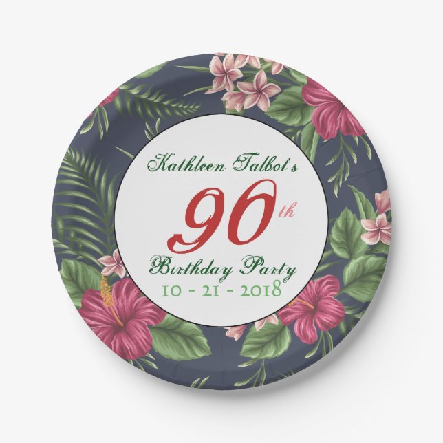 Hibiscus 90th Birthday Party Paper Plate (Front)