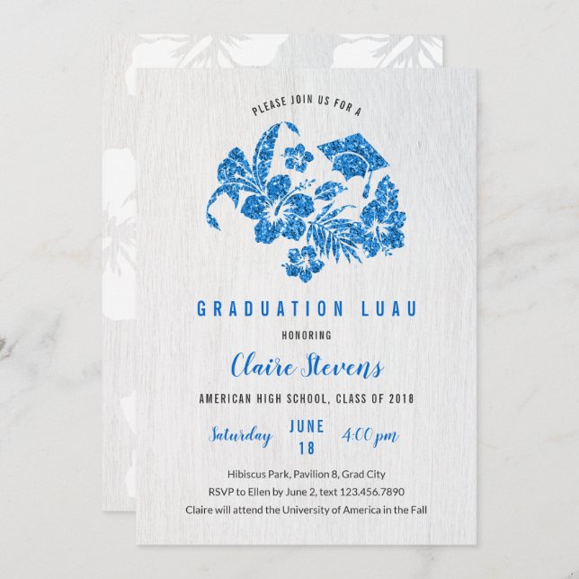 HIbiscus and Cap Graduation Luau Invitation (Front/Back)