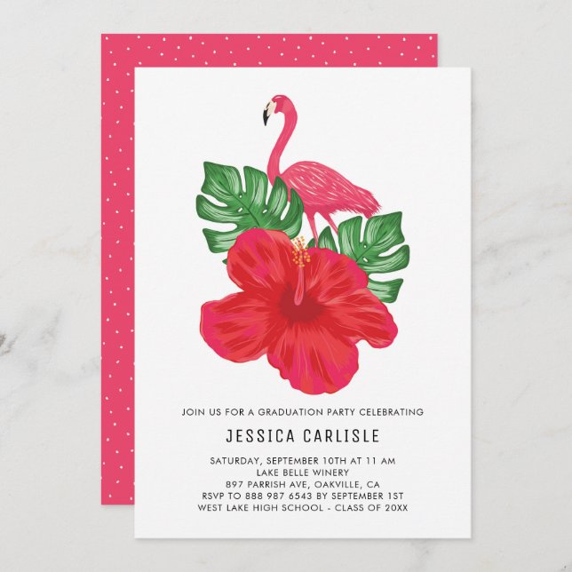Hibiscus and Flamingo Graduation Party Invitation (Front/Back)