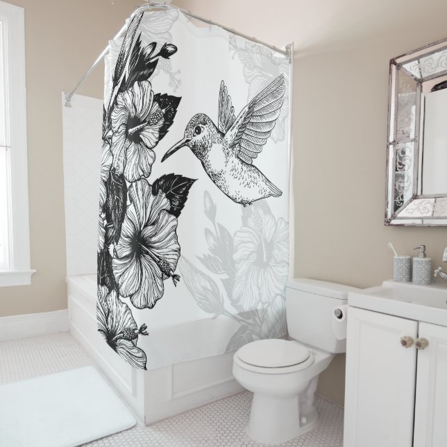 Hibiscus and hummingbird shower curtain (In Situ)