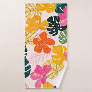 Hibiscus and monstera leaves tropical pattern desi bath towel
