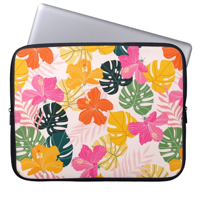 Hibiscus and monstera leaves tropical pattern desi laptop sleeve (Front)